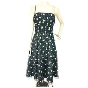 Vintage 90s Jessica Howard Blk/Wht Polka Dot Tulle Fit & Flare Midi Swing Dress